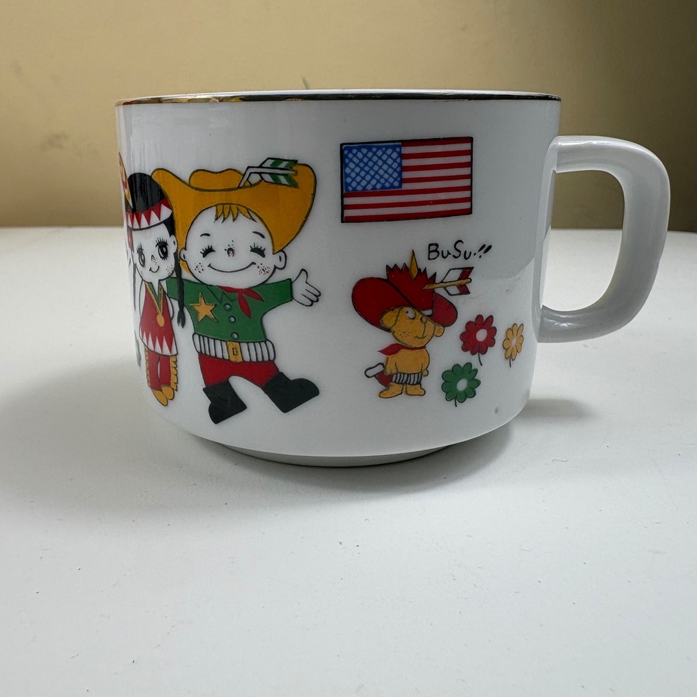 Vintage Hellerware White Mug‎ Gold Rim Cowboy Native American USA Flag
